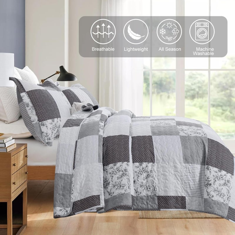 JessyHome King Floral & Plaid Patchwork Quilt Set - Lightweight Reversible Bedspread - Grey & Black White Paisley Floral Quilt - Image 4